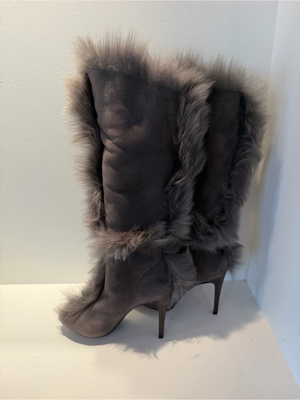 Pedro Garcia Sully Gray Suede Knee-High Fur Heeled Boots Peep Toe - Picture 3 of 7